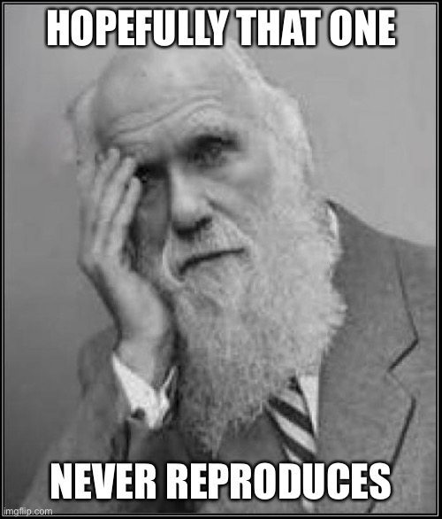 darwin facepalm | HOPEFULLY THAT ONE NEVER REPRODUCES | image tagged in darwin facepalm | made w/ Imgflip meme maker