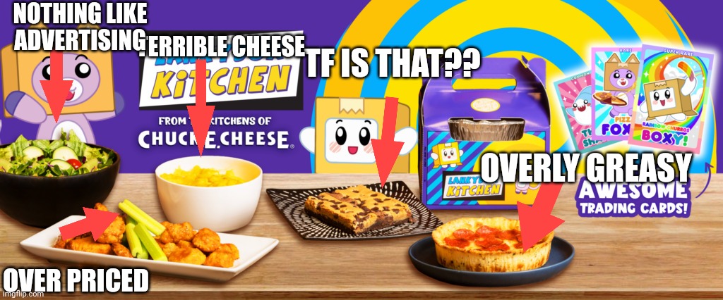 lankybox kitchen | TERRIBLE CHEESE; NOTHING LIKE ADVERTISING; TF IS THAT?? OVERLY GREASY; OVER PRICED | image tagged in lankybox kitchen | made w/ Imgflip meme maker