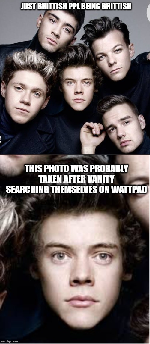 1direction | JUST BRITTISH PPL BEING BRITTISH; THIS PHOTO WAS PROBABLY TAKEN AFTER VANITY SEARCHING THEMSELVES ON WATTPAD | image tagged in memes,british,harry styles,one direction,music | made w/ Imgflip meme maker