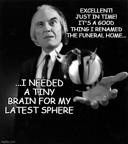 PHANTASM | EXCELLENT! JUST IN TIME! IT'S A GOOD THING I RENAMED THE FUNERAL HOME... ...I NEEDED A TINY BRAIN FOR MY LATEST SPHERE | image tagged in phantasm | made w/ Imgflip meme maker