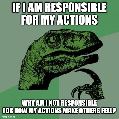 Philosoraptor on responsibility for actions and feelings | IF I AM RESPONSIBLE FOR MY ACTIONS; WHY AM I NOT RESPONSIBLE FOR HOW MY ACTIONS MAKE OTHERS FEEL? | image tagged in memes,philosoraptor,responsibility,actions,feelings | made w/ Imgflip meme maker