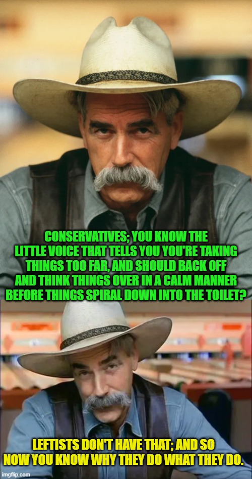 This is also why there is no such thing as a wise leftist. | CONSERVATIVES; YOU KNOW THE LITTLE VOICE THAT TELLS YOU YOU'RE TAKING THINGS TOO FAR, AND SHOULD BACK OFF AND THINK THINGS OVER IN A CALM MANNER BEFORE THINGS SPIRAL DOWN INTO THE TOILET? LEFTISTS DON'T HAVE THAT; AND SO NOW YOU KNOW WHY THEY DO WHAT THEY DO. | image tagged in yep | made w/ Imgflip meme maker