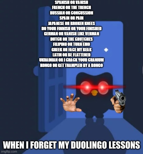 When i forget my duolingo | WHEN I FORGET MY DUOLINGO LESSONS | image tagged in duolingo | made w/ Imgflip meme maker