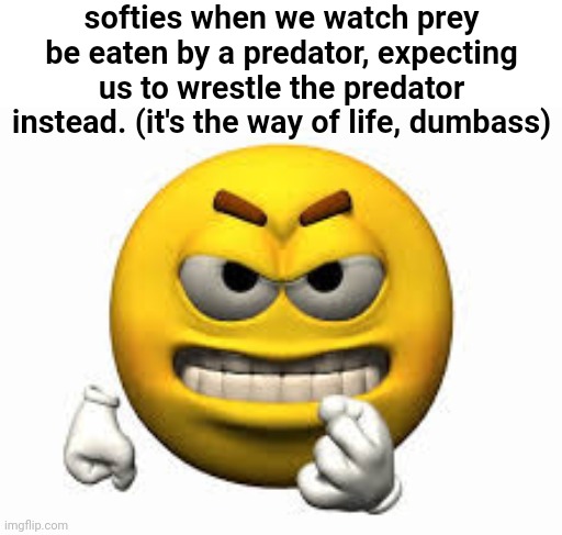 Angry emoji | softies when we watch prey be eaten by a predator, expecting us to wrestle the predator instead. (it's the way of life, dumbass) | image tagged in angry emoji | made w/ Imgflip meme maker
