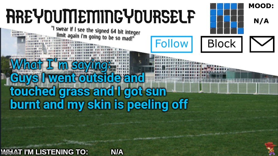 AreYouMemingYourself Annoucement | Guys I went outside and touched grass and I got sun burnt and my skin is peeling off | image tagged in areyoumemingyourself annoucement,bro what | made w/ Imgflip meme maker