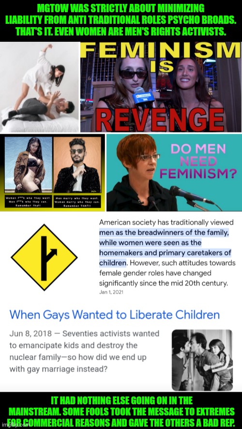 Funny | MGTOW WAS STRICTLY ABOUT MINIMIZING LIABILITY FROM ANTI TRADITIONAL ROLES PSYCHO BROADS. THAT'S IT. EVEN WOMEN ARE MEN'S RIGHTS ACTIVISTS. IT HAD NOTHING ELSE GOING ON IN THE MAINSTREAM. SOME FOOLS TOOK THE MESSAGE TO EXTREMES FOR COMMERCIAL REASONS AND GAVE THE OTHERS A BAD REP. | image tagged in funny,politics,american politics,canadian politics,human rights,extreme | made w/ Imgflip meme maker