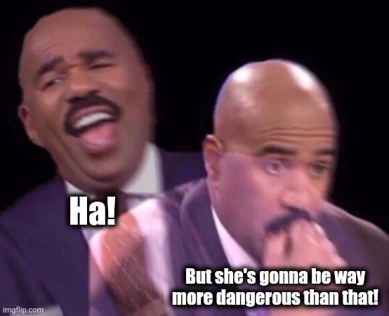 Steve Harvey Laughing Serious | Ha! But she's gonna be way more dangerous than that! | image tagged in steve harvey laughing serious | made w/ Imgflip meme maker