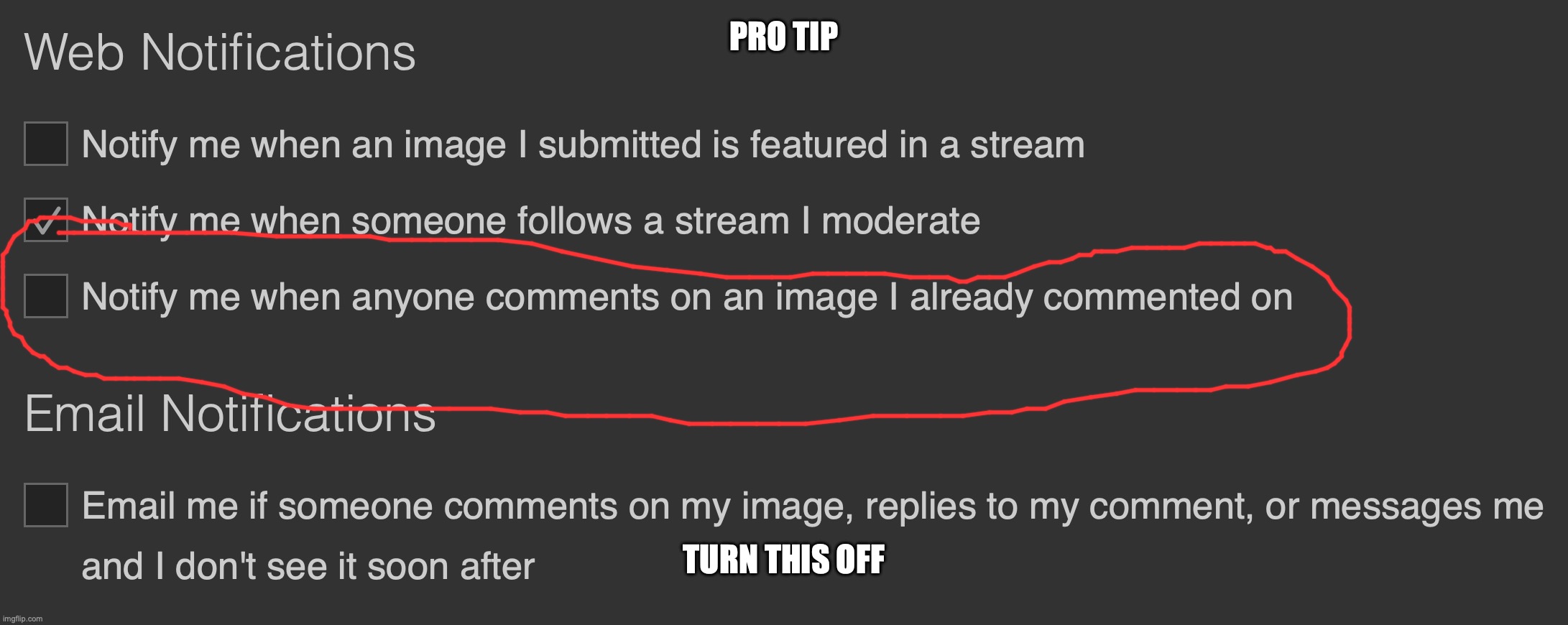To people dealing with too many notifications: | PRO TIP; TURN THIS OFF | image tagged in hi,there,site,mod,ik,that ur reading this | made w/ Imgflip meme maker