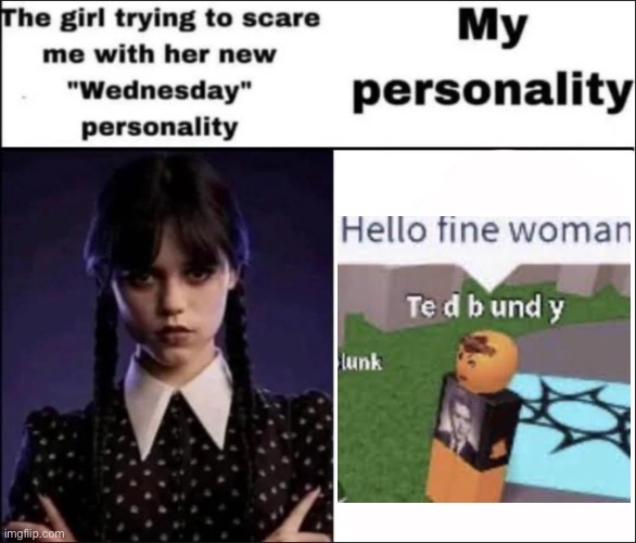 The girl trying to scare me with her new Wednesday personality | image tagged in the girl trying to scare me with her new wednesday personality | made w/ Imgflip meme maker
