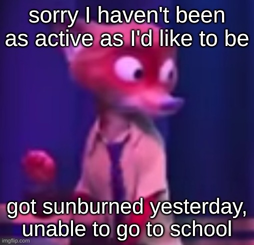 whoops | sorry I haven't been as active as I'd like to be; got sunburned yesterday, unable to go to school | image tagged in nick wilde concern | made w/ Imgflip meme maker
