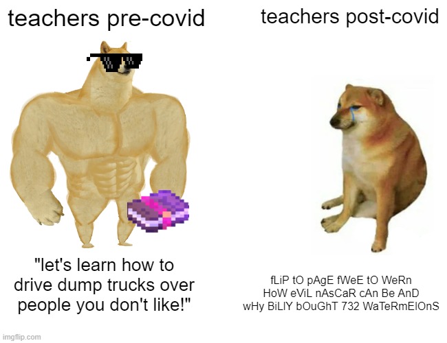 Buff Doge vs. Cheems Meme | teachers pre-covid; teachers post-covid; "let's learn how to drive dump trucks over people you don't like!"; fLiP tO pAgE fWeE tO WeRn HoW eViL nAsCaR cAn Be AnD wHy BiLlY bOuGhT 732 WaTeRmElOnS | image tagged in memes,buff doge vs cheems | made w/ Imgflip meme maker