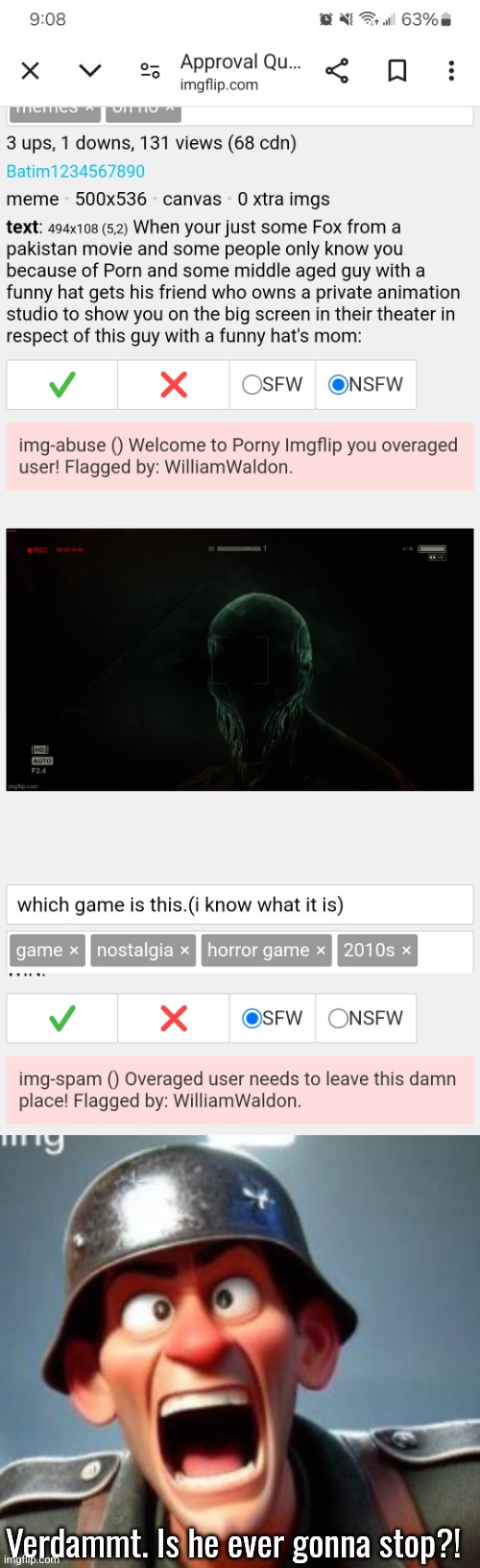 This isn't flagging. It's harassment. Just keep aproving them for now mods said. | Verdammt. Is he ever gonna stop?! | made w/ Imgflip meme maker