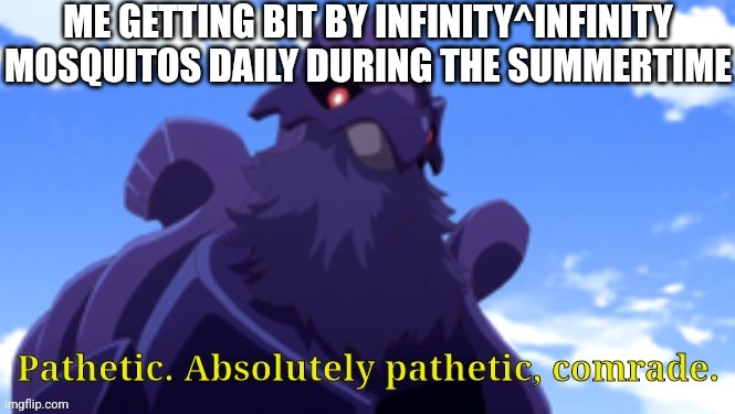 Image Title | ME GETTING BIT BY INFINITY^INFINITY MOSQUITOS DAILY DURING THE SUMMERTIME | image tagged in pathetic-dj corviknight,pathetic,memes,mosquito attack,relatable,summertime | made w/ Imgflip meme maker