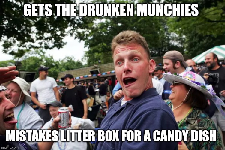 drunks | GETS THE DRUNKEN MUNCHIES; MISTAKES LITTER BOX FOR A CANDY DISH | image tagged in drunk | made w/ Imgflip meme maker