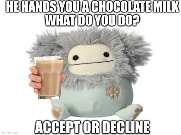 Decline and you are smashed with a sledge hammer | HE HANDS YOU A CHOCOLATE MILK
WHAT DO YOU DO? ACCEPT OR DECLINE | image tagged in funny memes,funnymemes | made w/ Imgflip meme maker