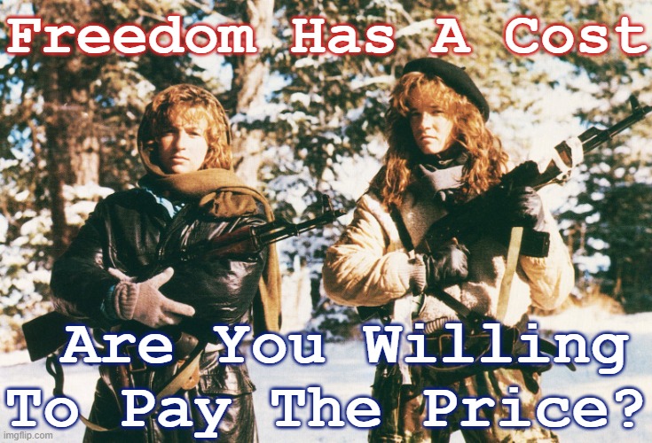 Freedom has a cost: Are You Willing To Pay The Price? | Freedom Has A Cost; Are You Willing To Pay The Price? | image tagged in jennifer grey lea thompson red dawn 1984,defend democracy,vote,traitor trump,fight corruption,fight tyranny | made w/ Imgflip meme maker