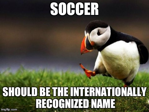 Unpopular Opinion Puffin Meme | SOCCER SHOULD BE THE INTERNATIONALLY RECOGNIZED NAME | image tagged in memes,unpopular opinion puffin,AdviceAnimals | made w/ Imgflip meme maker
