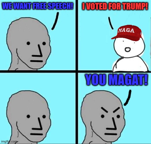 Liberal hypocrisy | WE WANT FREE SPEECH! I VOTED FOR TRUMP! YOU MAGAT! | image tagged in npc meme,liberal hypocrisy,npc,sheeple,maga,liberals | made w/ Imgflip meme maker