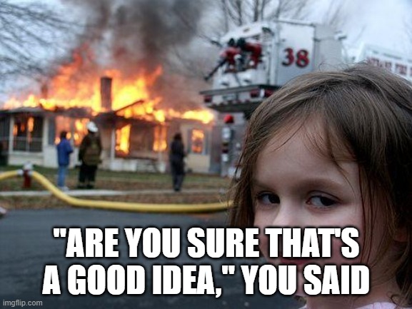 Disaster Girl | "ARE YOU SURE THAT'S A GOOD IDEA," YOU SAID | image tagged in memes,disaster girl | made w/ Imgflip meme maker