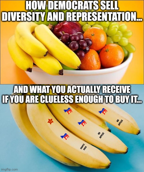 Have you noticed divesity lately seems to mean anything BUT diverse? | HOW DEMOCRATS SELL DIVERSITY AND REPRESENTATION... AND WHAT YOU ACTUALLY RECEIVE IF YOU ARE CLUELESS ENOUGH TO BUY IT... NO
APPLES; NO
APPLES; GRAPES
SUCK | image tagged in need a fruit,liberal logic,diversity,biased media,why you always lying,democratic socialism | made w/ Imgflip meme maker