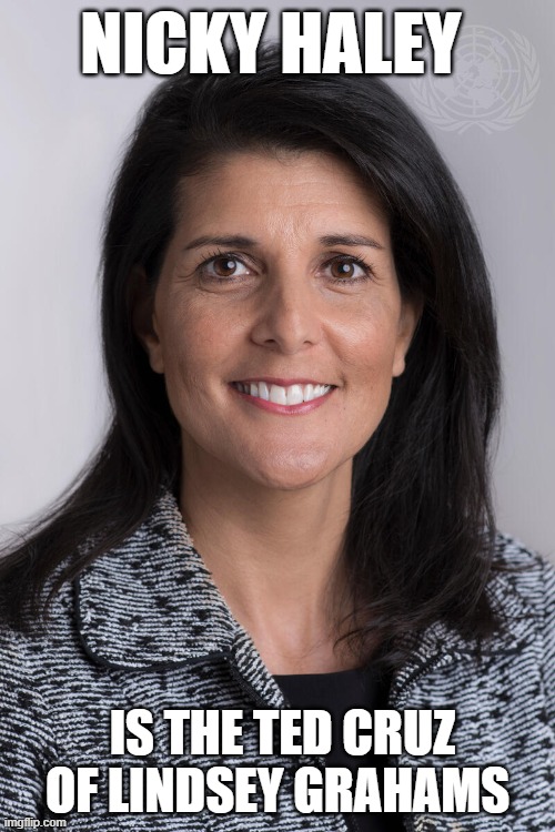 Nicky haley | NICKY HALEY; IS THE TED CRUZ OF LINDSEY GRAHAMS | image tagged in nicky haley | made w/ Imgflip meme maker