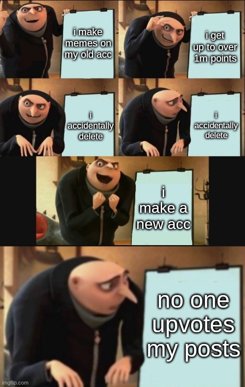 . | i make memes on my old acc; i get up to over 1m points; i accidentally delete; i accidentally delete; i make a new acc; no one upvotes my posts | image tagged in 5 panel gru meme,memes,funny,gru's plan | made w/ Imgflip meme maker