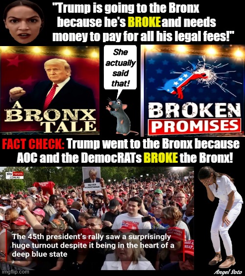 A Bronx Tale | "Trump is going to the Bronx             
              because he's                and needs 
            money to pay for all his legal fees!"; BROKE; She
actually
said
that! Trump went to the Bronx because
AOC and the DemocRATs                 the Bronx! FACT CHECK:; BROKE; Angel Soto | image tagged in donald trump,aoc,bronx,trump rally,broken promises,fact check | made w/ Imgflip meme maker