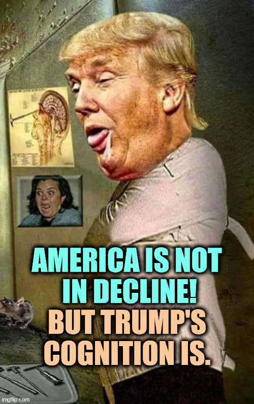 A poster boy for senile dementia | AMERICA IS NOT 
IN DECLINE! BUT TRUMP'S COGNITION IS. | image tagged in trump crazy crazier than ever,trump,cognition,crazy,insane,mental illness | made w/ Imgflip meme maker
