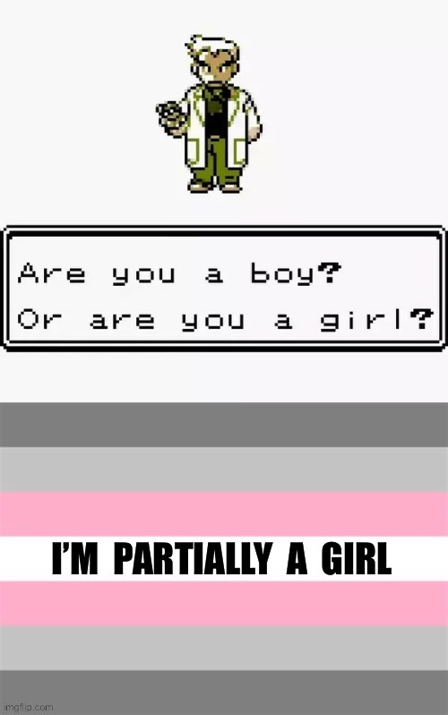 Demigirl Pokémon Trainer | image tagged in prof oak are you a boy or a girl,demigirl,lgbtq,pokemon,professor oak,pokemon trainer | made w/ Imgflip meme maker