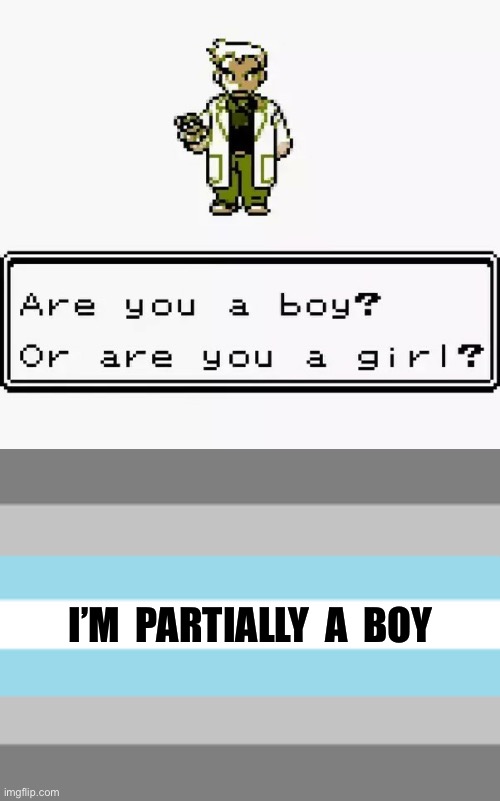 Demiboy Pokémon Trainer | I’M  PARTIALLY  A  BOY | image tagged in prof oak are you a boy or a girl,demiboy,lgbtq,pokemon,professor oak,pokemon trainer | made w/ Imgflip meme maker