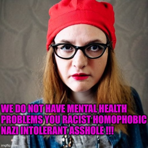 Angry Vegan Liberal | WE DO NOT HAVE MENTAL HEALTH PROBLEMS YOU RACIST HOMOPHOBIC NAZI INTOLERANT ASSHOLE !!! | image tagged in angry vegan liberal | made w/ Imgflip meme maker