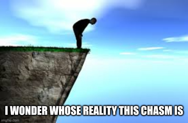 person on edge of cliff | I WONDER WHOSE REALITY THIS CHASM IS | image tagged in person on edge of cliff | made w/ Imgflip meme maker
