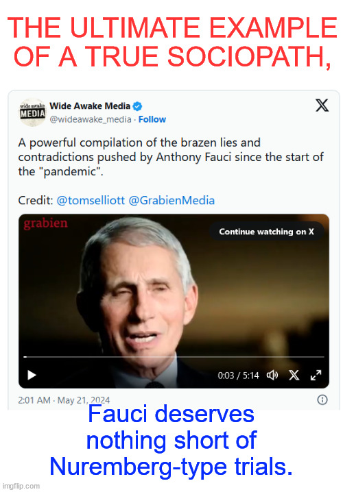 Never Forget – This Monster MUST Pay | THE ULTIMATE EXAMPLE OF A TRUE SOCIOPATH, Fauci deserves nothing short of Nuremberg-type trials. | image tagged in dr death,fauci,mass murderer,all in the name of paid for science | made w/ Imgflip meme maker