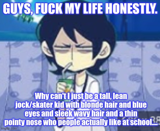 Short vent because I hate myself so damn much:) | GUYS, FUCK MY LIFE HONESTLY. Why can't I just be a tall, lean jock/skater kid with blonde hair and blue eyes and sleek wavy hair and a thin pointy nose who people actually like at school.... | image tagged in tophamhat-kyo fml template | made w/ Imgflip meme maker