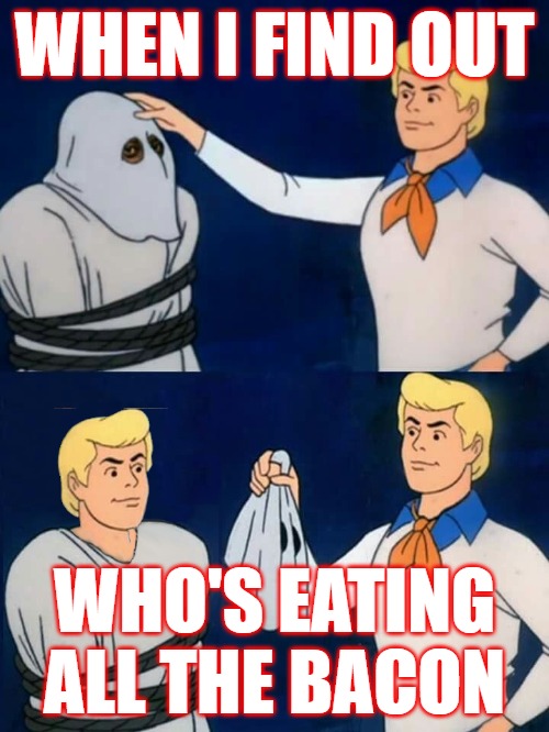 when i find out bacon | WHEN I FIND OUT; WHO'S EATING ALL THE BACON | image tagged in fred mask fred | made w/ Imgflip meme maker
