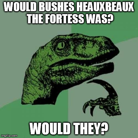 I took the 10000th, 11111th, 20000th, 22222th, 30000th, the 33333th words from a story I'm writing. This is the result. | WOULD BUSHES HEAUXBEAUX THE FORTESS WAS? WOULD THEY? | image tagged in memes,philosoraptor | made w/ Imgflip meme maker