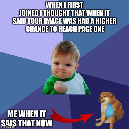 Success Kid Meme | WHEN I FIRST
 JOINED I THOUGHT THAT WHEN IT 
SAID YOUR IMAGE WAS HAD A HIGHER
 CHANCE TO REACH PAGE ONE; ME WHEN IT SAIS THAT NOW | image tagged in memes,success kid | made w/ Imgflip meme maker
