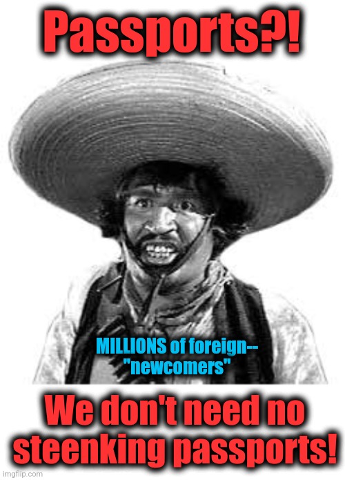 Passports?! We don't need no steenking passports! MILLIONS of foreign--
"newcomers" | image tagged in badges we dont need no stinking badges,blank white template | made w/ Imgflip meme maker
