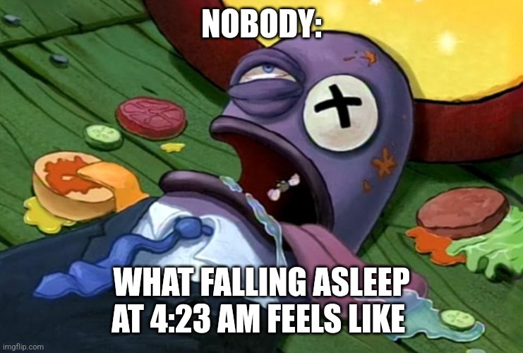 4:23 AM | NOBODY:; WHAT FALLING ASLEEP AT 4:23 AM FEELS LIKE | image tagged in spongebob health inspector,relatable,jpfan102504 | made w/ Imgflip meme maker