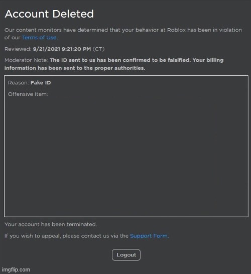 Banned from roblox (fake ID) - Imgflip