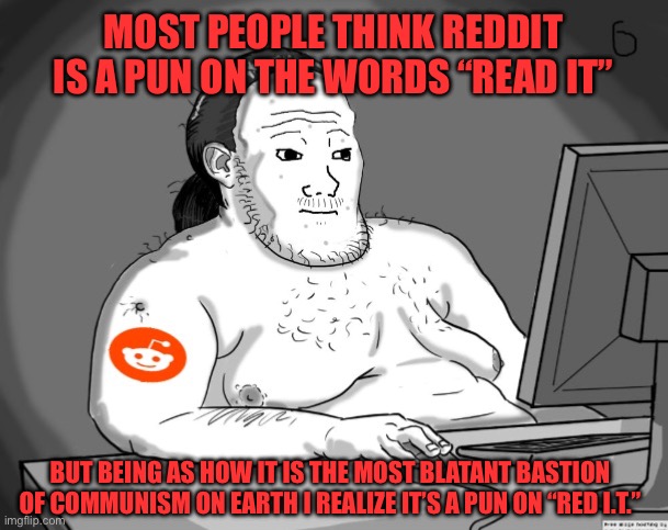 Average Redditor | MOST PEOPLE THINK REDDIT IS A PUN ON THE WORDS “READ IT”; BUT BEING AS HOW IT IS THE MOST BLATANT BASTION OF COMMUNISM ON EARTH I REALIZE IT’S A PUN ON “RED I.T.” | image tagged in average redditor,liberal logic,stupid liberals,libtards,communism,liberal hypocrisy | made w/ Imgflip meme maker