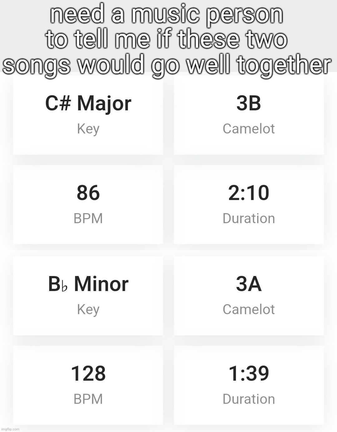 need a music person to tell me if these two songs would go well together | made w/ Imgflip meme maker