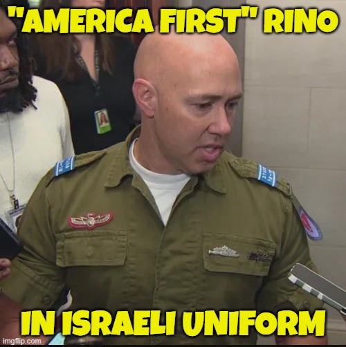 Rino American in another countries uniform | "AMERICA FIRST" RINO; IN ISRAELI UNIFORM | image tagged in rino,republican,israel,palestine,america,usa | made w/ Imgflip meme maker