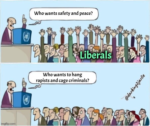 Criminals are people too | Who wants safety and peace? Liberals; Who wants to hang rapists and cage criminals? @darking2jarlie | image tagged in people raising hands,liberals,liberal logic,criminals,liberal hypocrisy | made w/ Imgflip meme maker