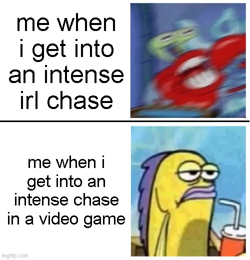 fr | me when i get into an intense irl chase; me when i get into an intense chase in a video game | image tagged in excited vs bored,memes | made w/ Imgflip meme maker