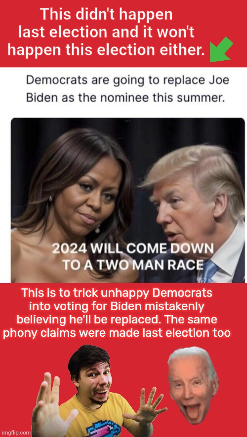 Fake news gets it wrong again | This didn't happen last election and it won't happen this election either. This is to trick unhappy Democrats into voting for Biden mistakenly believing he'll be replaced. The same phony claims were made last election too | image tagged in memes,keep calm and carry on red,joe biden | made w/ Imgflip meme maker