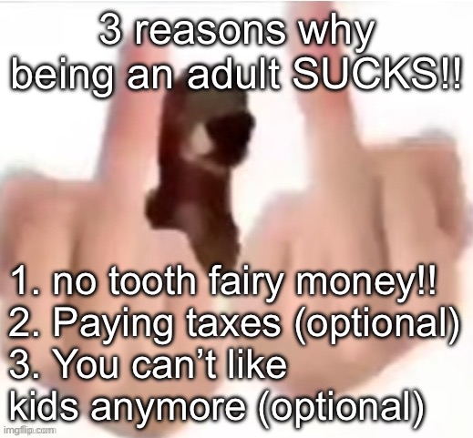middle finger dog | 3 reasons why being an adult SUCKS!! 1. no tooth fairy money!!

2. Paying taxes (optional)
3. You can’t like kids anymore (optional) | image tagged in middle finger dog | made w/ Imgflip meme maker