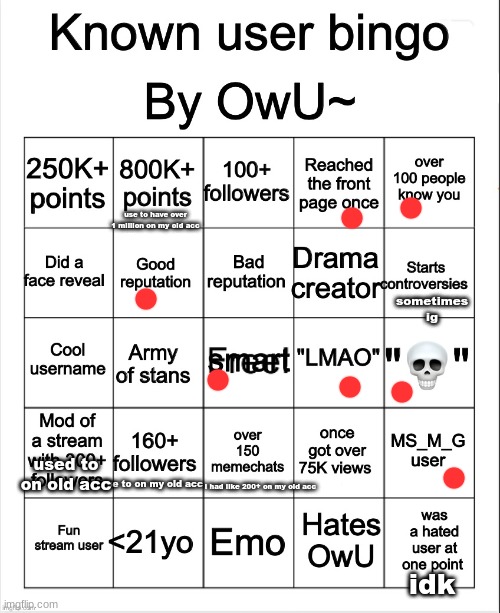 Stupid bingo by owu re-uploaded by Ayden | use to have over 1 million on my old acc; sometimes ig; used to on old acc; use to on my old acc; i had like 200+ on my old acc; idk | image tagged in stupid bingo by owu re-uploaded by ayden | made w/ Imgflip meme maker