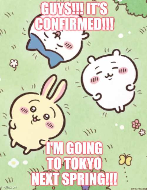 SO SO SO SOOO EXICITED!!! | GUYS!!! IT'S CONFIRMED!!! I'M GOING TO TOKYO NEXT SPRING!!! | image tagged in icy's chiikawa template | made w/ Imgflip meme maker