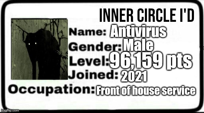 Inner circle ID | Antivirus; Male; 96,159 pts; 2021; Front of house service | image tagged in inner circle id | made w/ Imgflip meme maker